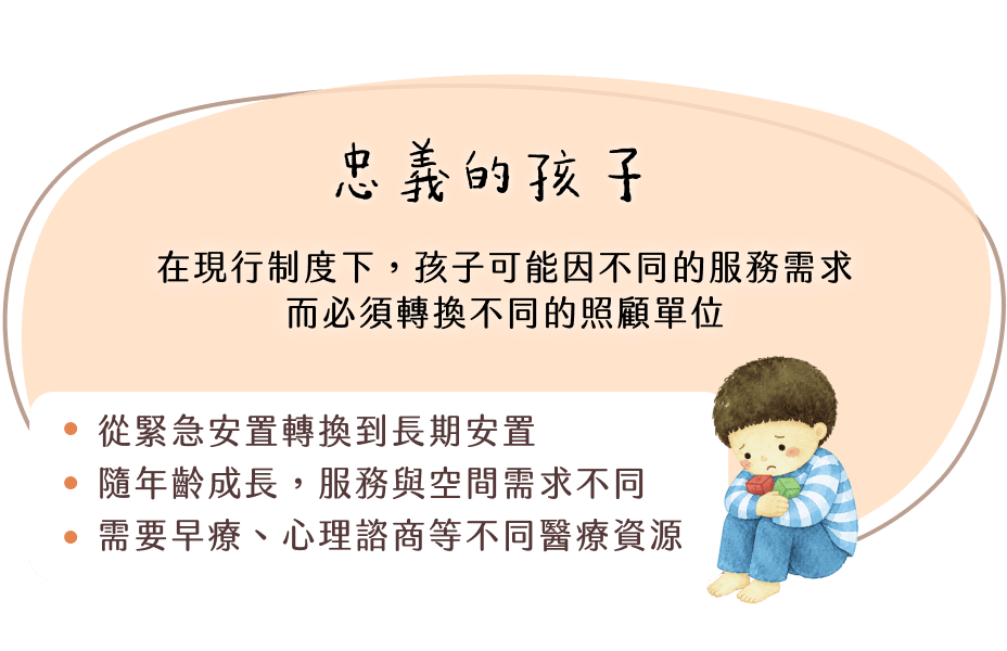 在現行制度下,孩子可能因不同的服務需求而必須轉換不同的照顧單位