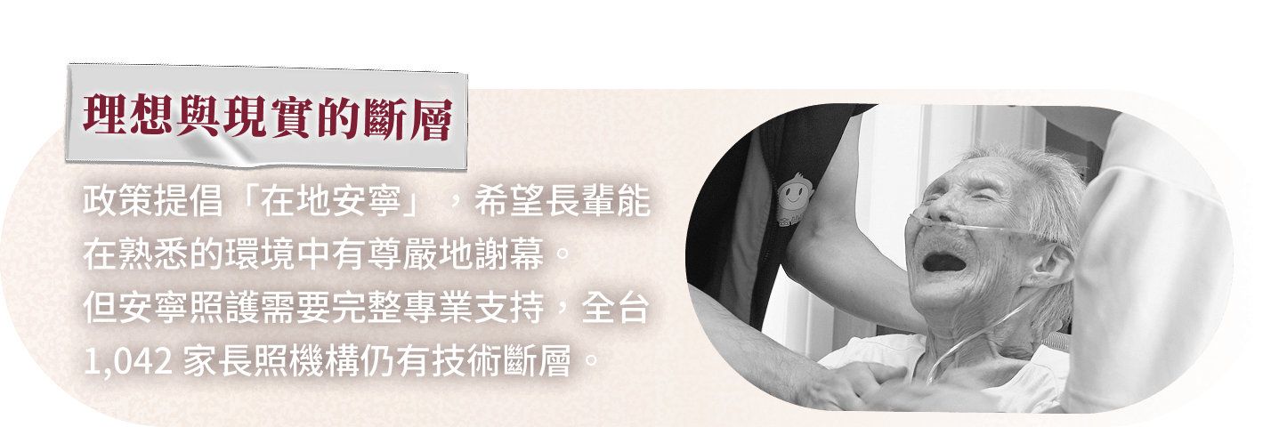 理想與現實的斷層 政策提倡「在地安寧」，希望長輩能在熟悉的環境中有尊嚴地謝幕。但安寧照護需要完整專業支持，全台 1,042 家長照機構仍有技術斷層。