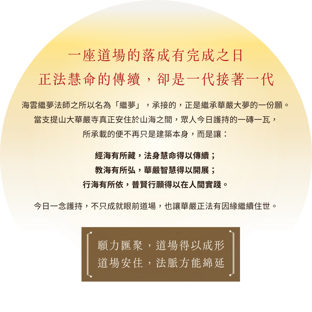 一座道場的落成有完成之日 正法慧命的傳續,卻是一代接著一代