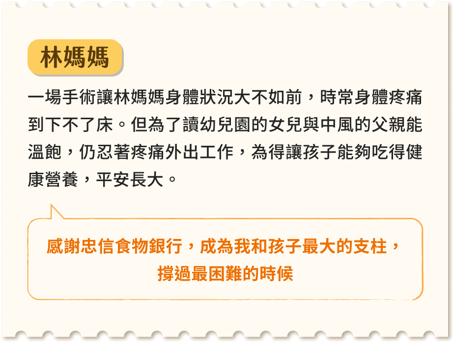 林媽媽 一場手術讓林媽媽身體狀況大不如前,時常身體疼痛到下不了床。但為了讀幼兒園的女兒與中風的父親能溫飽,仍忍著疼痛外出工作,為得讓孩子能夠吃得健康營養,平安長大。